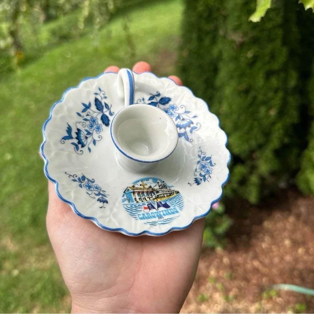 Vintage Porcelain Blue White Chamberstick Candle Holder Carowinds Amusement Park